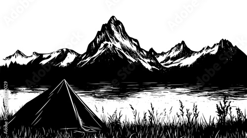 Tent Pitched Beside Mountain Lake View, vector illustration