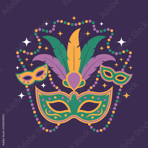 Colorful Mardi Gras Mask and Beads Vector Design