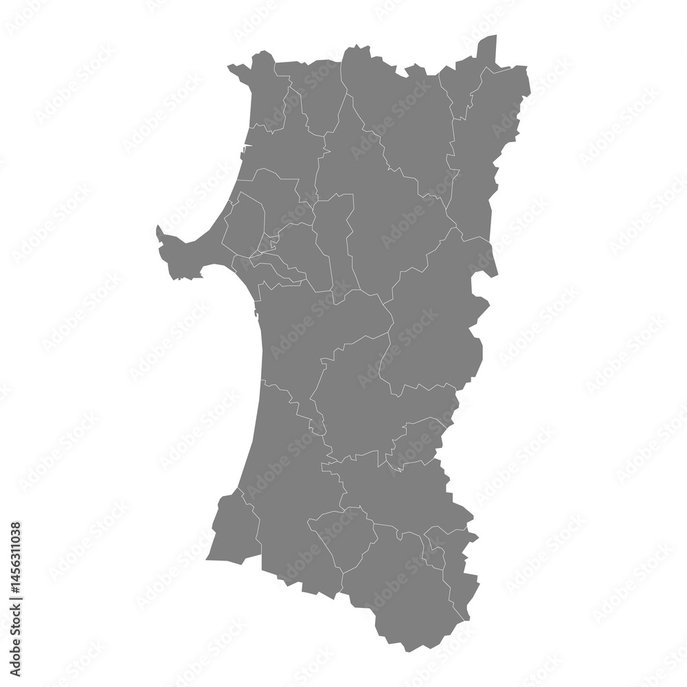 High Quality map of Akita is a prefecture of Japan with borders of the districts
