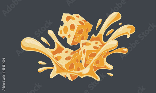 Modern vector illustration of Swiss cheese cubes exploding with melted cheese splashes, easily scalable and editable.