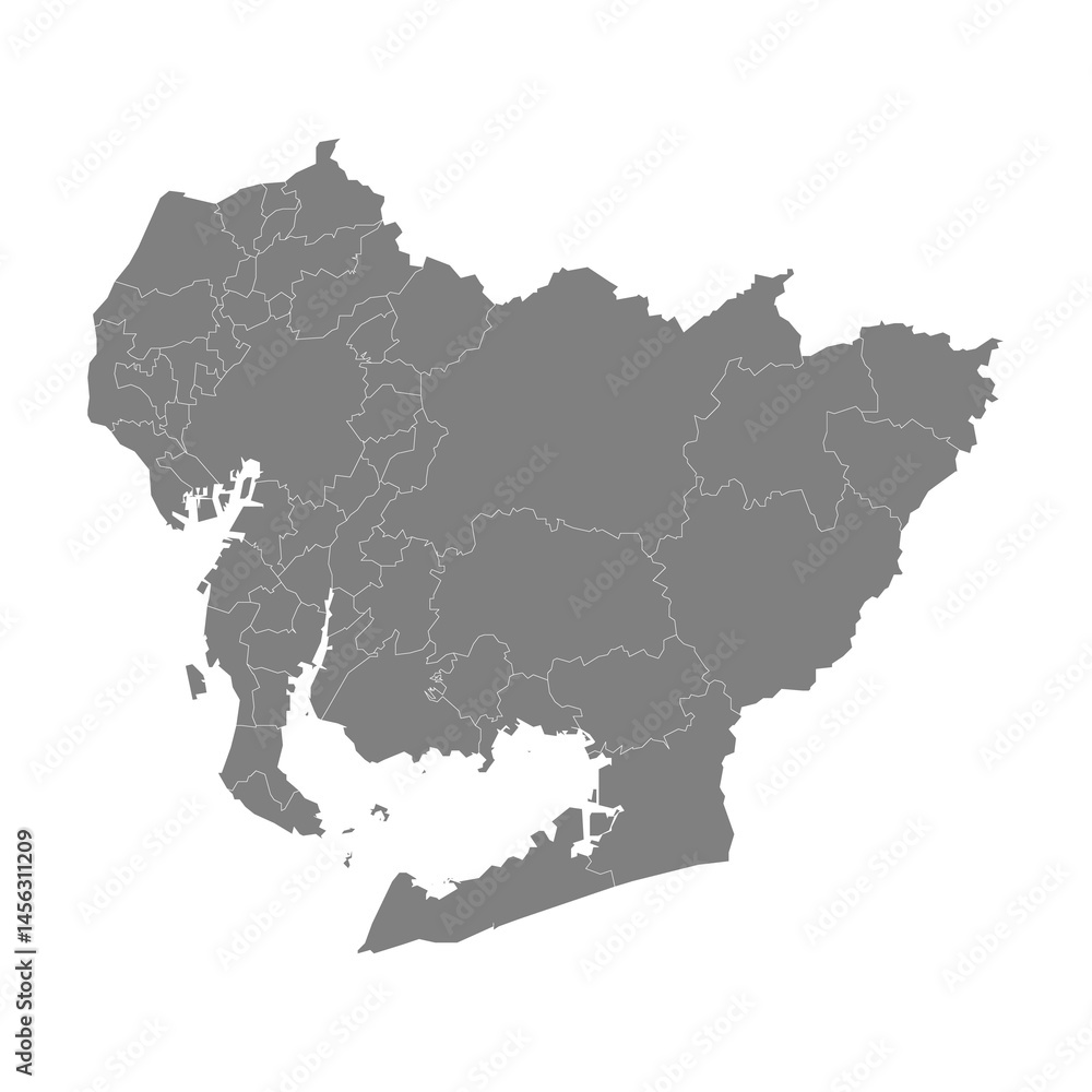 High Quality map of Aichi is a prefecture of Japan with borders of the districts
