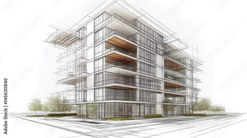 Architectural blueprint of a modern apartment building facade sk Architectural blueprint of a modern apartment building facade sk
