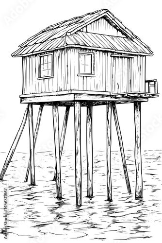 Wooden Structure Built On Stilts, coloring book design, vector illustration