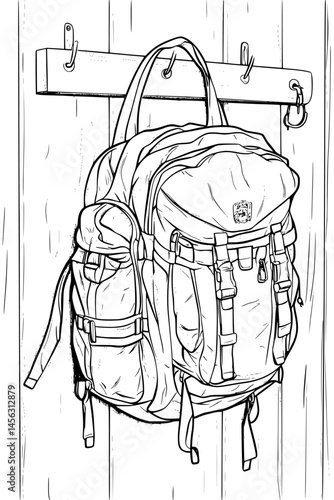 Backpack Hanging On Hostel Room Hook, coloring book style, vector graphic