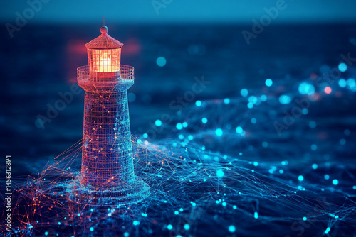 Luminous lighthouse standing tall amidst a digital network glowing in the dark ocean