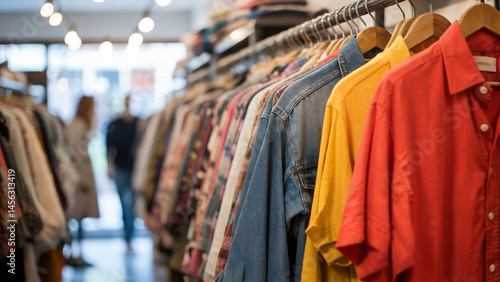 Racks of Vintage Clothing: A vibrant array of colorful vintage apparel hangs invitingly on racks, creating a stylish display inside a retro shop, with soft focus figures browsing in the background.