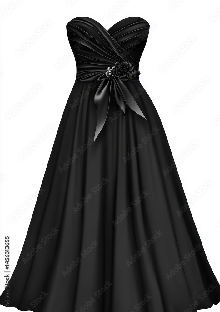 Elegant black strapless gown with a draped bodice, a floral detail, and a wide flowing skirt Elegant black strapless gown with a draped bodice, a floral detail, and a wide flowing skirt