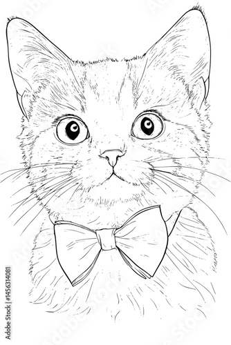 Cat With Bowtie And Stare, coloring book style, vector graphic