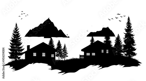 Cabins Perched On Mountainsides, vector graphic