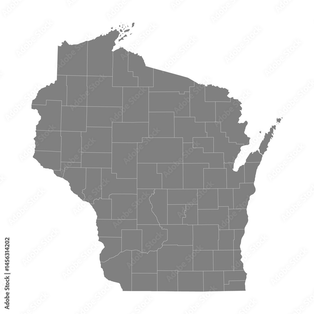 High Quality map of Wisconsin is a state of United States with borders of the counties