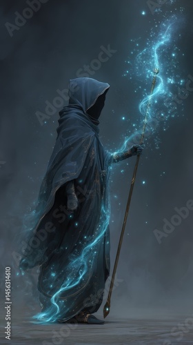 Hooded mage holding glowing staff with blue magical energy in dark mystical setting.