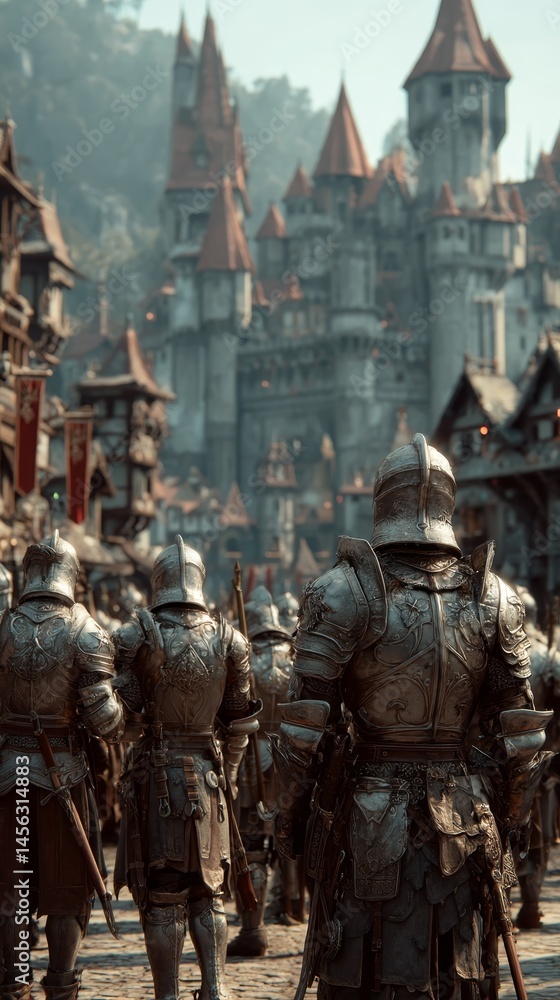 Fototapeta premium Medieval knights in armor marching toward a grand castle in the distance.