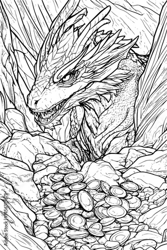 Dragon Guarding Mountain Treasure Hoard, coloring book style, vector graphic