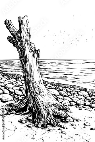 Driftwood Resting On Beach Edge, coloring book style, vector graphic