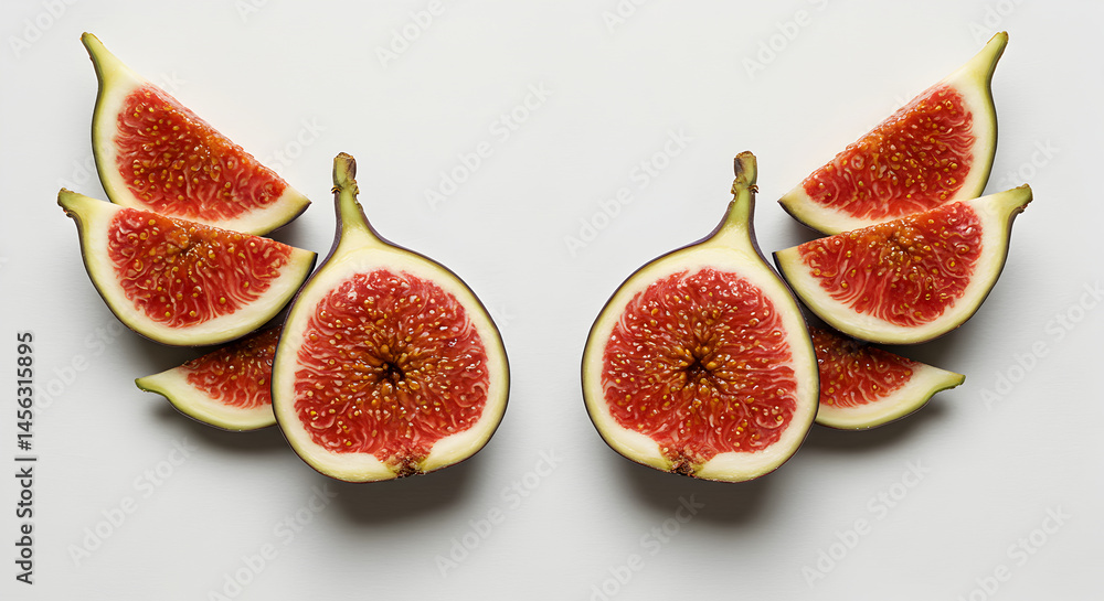Halved Figs Arranged Symmetrically On Clean White Surface For Commercial Use Halved Figs Arranged Symmetrically On Clean White Surface For Commercial Use
