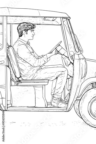 Driver Waiting Beside Tuk Tuk, coloring book style, vector graphic