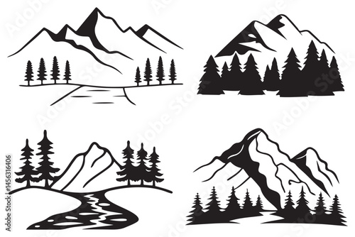 Mountain Landscape Line Art Illustration Set, Vector Nature Scenes with Trees and Trails, Black and White Scenic Outdoor Graphic Collection