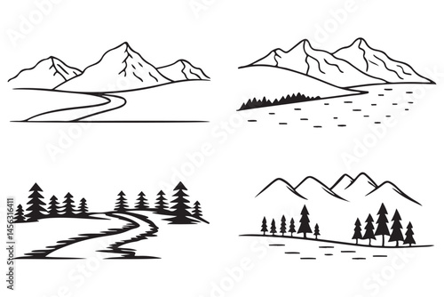 Mountain Landscape Line Art Illustration Set, Vector Nature Scenes with Trees and Trails, Black and White Scenic Outdoor Graphic Collection