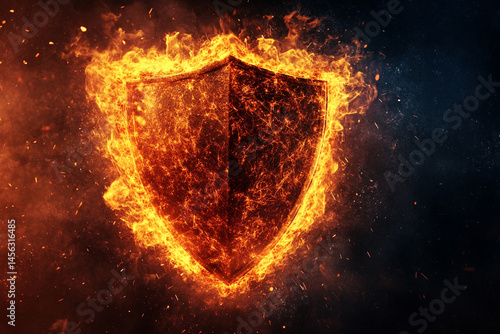 Fiery shield engulfed in flames intense heat burning bright dark background