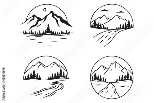Mountain Landscape Line Art Illustration Set, Vector Nature Scenes with Trees and Trails, Black and White Scenic Outdoor Graphic Collection