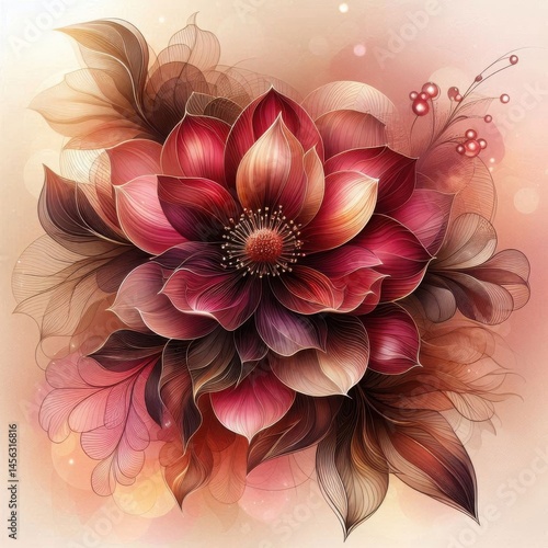 Aerial delicate burgundy flowers on peach bokeh background