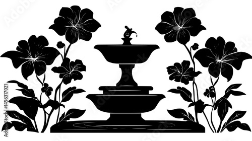 Fountains Surrounded By Flowers, vector graphic