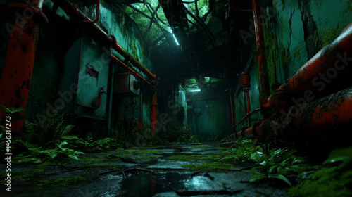 Fototapeta Naklejka Na Ścianę i Meble -  Abandoned tropical research outpost with overgrown vegetation, rusty pipes, and dim lighting creates eerie atmosphere. scene evokes sense of mystery and exploration