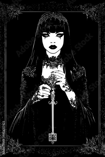 Goth Girl Holding Ancient Key, coloring book style, vector graphic
