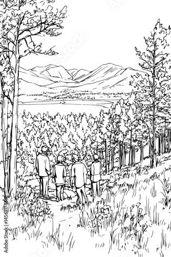 Group Standing Near Scenic Lookout, coloring book style, vector graphic