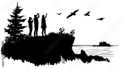 Group Standing Near Scenic Lookout, vector graphic