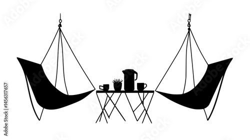 Hammock Hanging Beside Glamping Setup, vector graphic