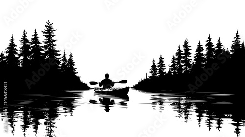 Kayaker Paddling Through Calm Lake Waters, vector graphic