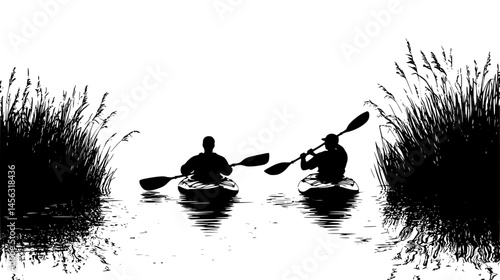 Kayakers Drifting Past Riverbank, vector graphic
