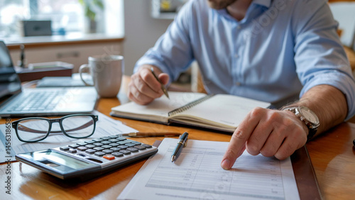 Calculating Finances: A focused individual meticulously reviews financial documents at a desk, the scene illuminated by natural light, offering a glimpse into the world of financial analysis.