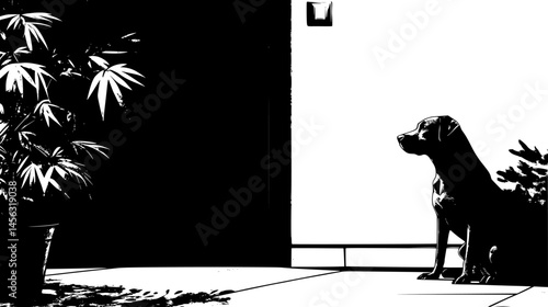 Loyal Dog Waiting By Front Door, vector graphic