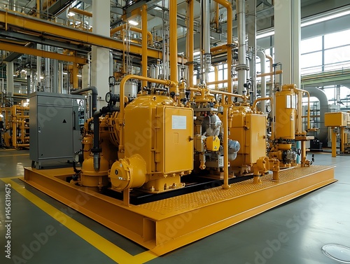 Industrial machinery in a plant.  Complex systems of yellow and gray piping