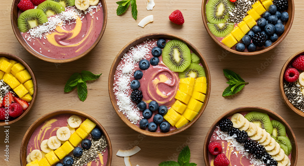 Fototapeta premium Delicious Smoothie Bowls With Fresh Fruits And Garnish Aesthetic Food Presentation