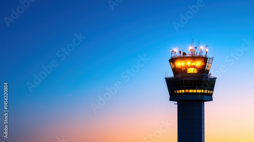 Stunning image of airport control tower illuminated against twilight sky, showcasing its architectural design and functionality