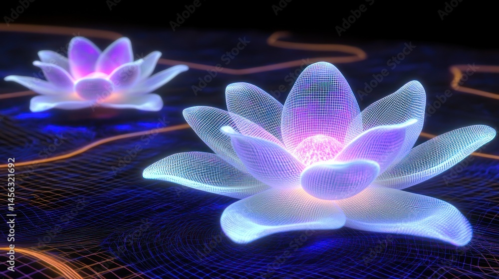 Obraz premium Two luminous lotus flowers on a digital water surface