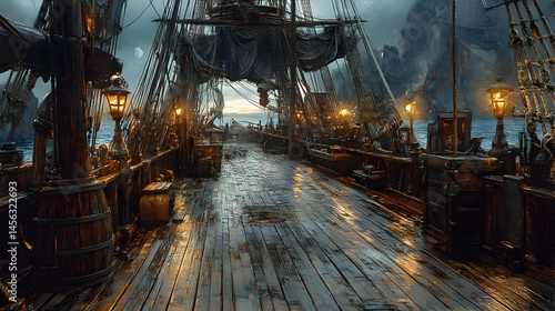 Dramatic, weathered pirate ship deck at twilight.