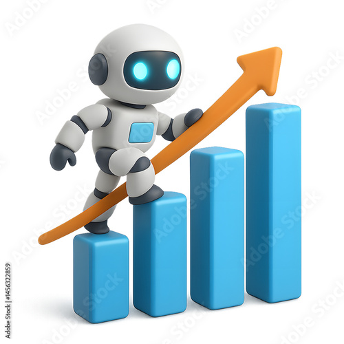 A friendly robot character climbing an ascending orange arrow that is supported by blue bar graphs representing financial growth and success conceptualized as a 3d icon, Isolated transparent PNG.