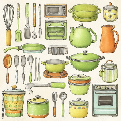 Charming Hand-drawn Kitchen Utensils and Cookware in Soft Colors with a Vintage Feel, Ideal for Cooking Themes and Culinary Illustrations