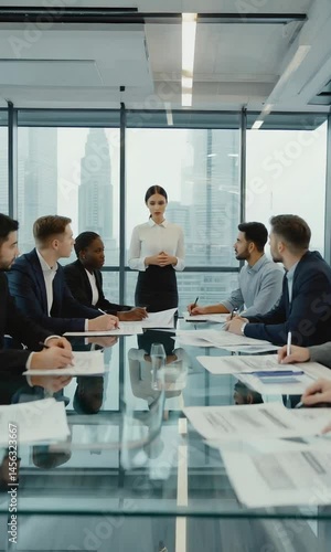Professional Business Team Meeting in Modern Office with Glass Conference Table, Natural Light, City Skyline View, Corporate Collaboration, Copy Space, Shallow Depth of Field, Vertical