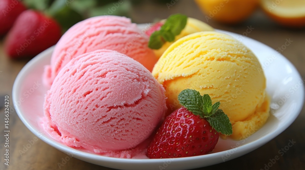 Two scoops of pink and yellow ice cream on a plate with fresh strawberries and mint. Two scoops of pink and yellow ice cream on a plate with fresh strawberries and mint.