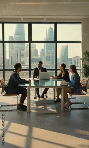 Professional Business Team Meeting in Modern Office with Glass Conference Table, Natural Light, City Skyline View, Corporate Collaboration, Copy Space, Shallow Depth of Field, Vertical