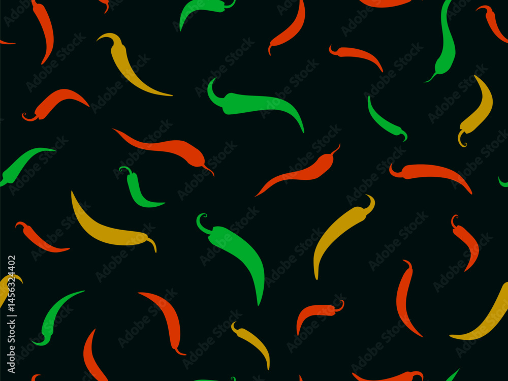 Seamless vector pattern featuring spicy capsicum silhouettes. Repeating chili pepper shapes on a black background. Great for food design, wrapping paper, textiles, labels, and prints Seamless vector pattern featuring spicy capsicum silhouettes. Repeating chili pepper shapes on a black background. Great for food design, wrapping paper, textiles, labels, and prints