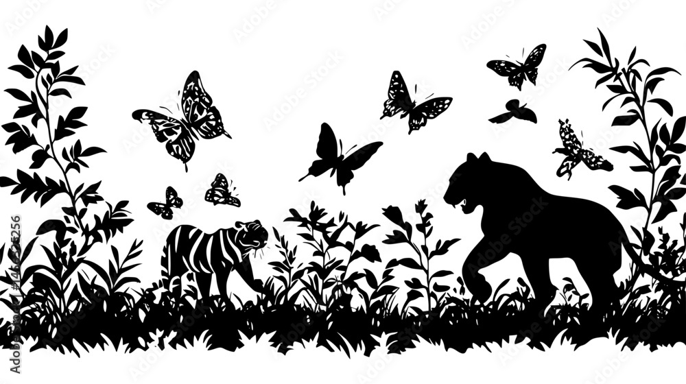 Naklejka premium Wildlife Hidden Among Vegetation, vector graphic