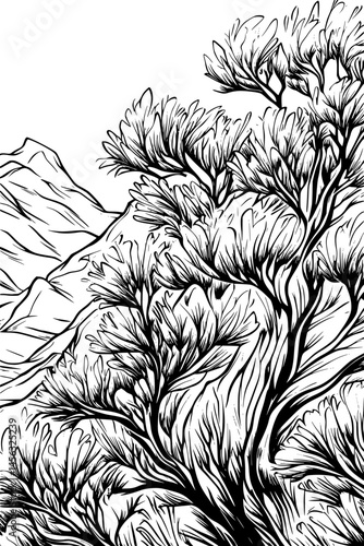 Wind Brushing Over Icy Tops, coloring book style, vector graphic