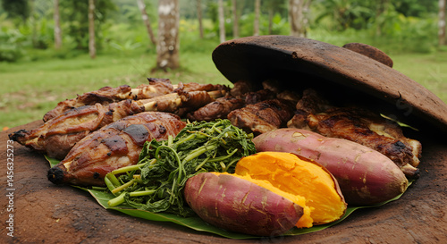 Authentic Amazonian Feast With Roasted Meats, Sweet Potatoes And Wild Greens