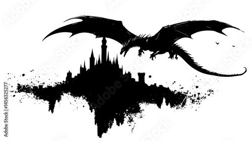 Winged Dragon Soaring Above Castle, vector graphic